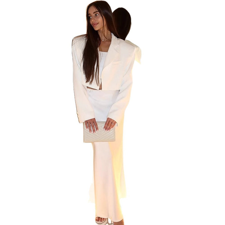 Women's Short Blazer and Maxi Skirt Two-Piece Set in Flowing Satin with Tailored Waist Amarae