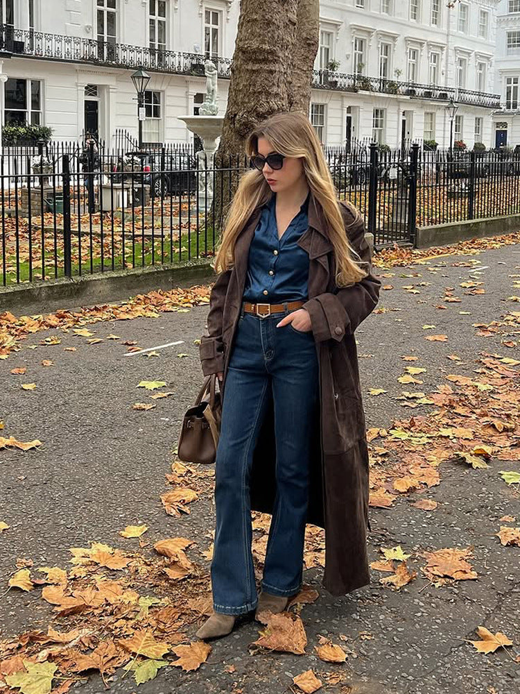 Ladies Long Cut Suede Trench Coat with Oversized Collar and Tie Belt Amarae