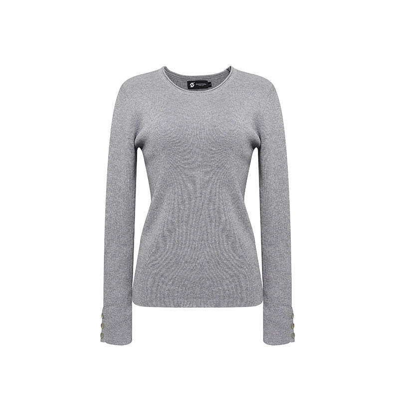 Women's fine knit sweater with round neckline, slim silhouette, and decorative button sleeves Amarae