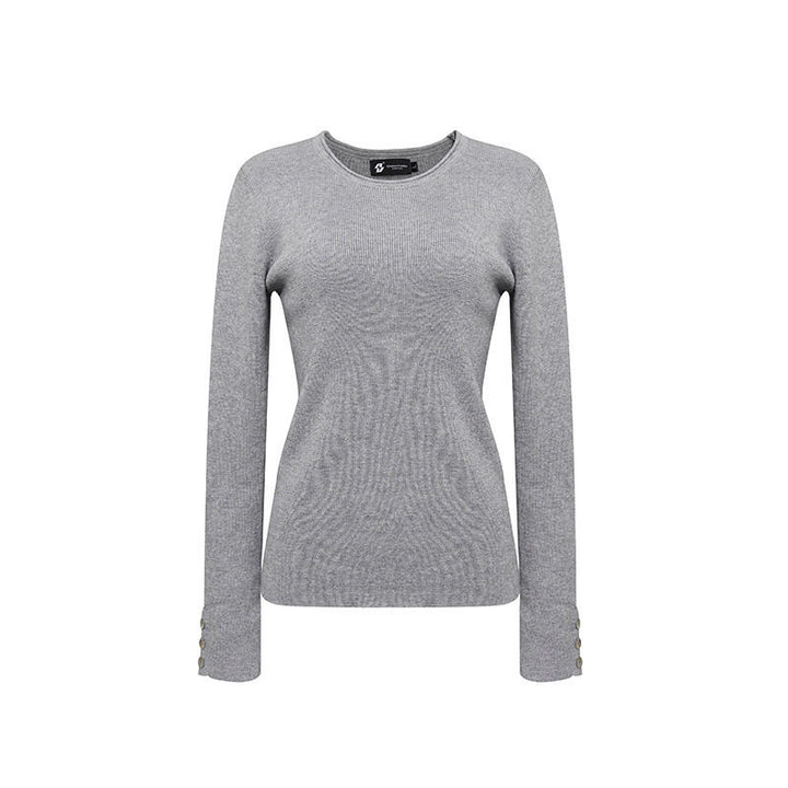 Women's fine knit sweater with round neckline, slim silhouette, and decorative button sleeves Amarae