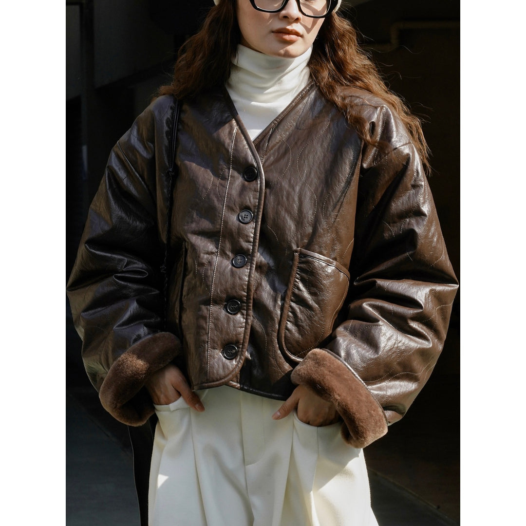 Ladies Boxy Faux Leather Jacket with Quilted Look and Teddy Lining Amarae
