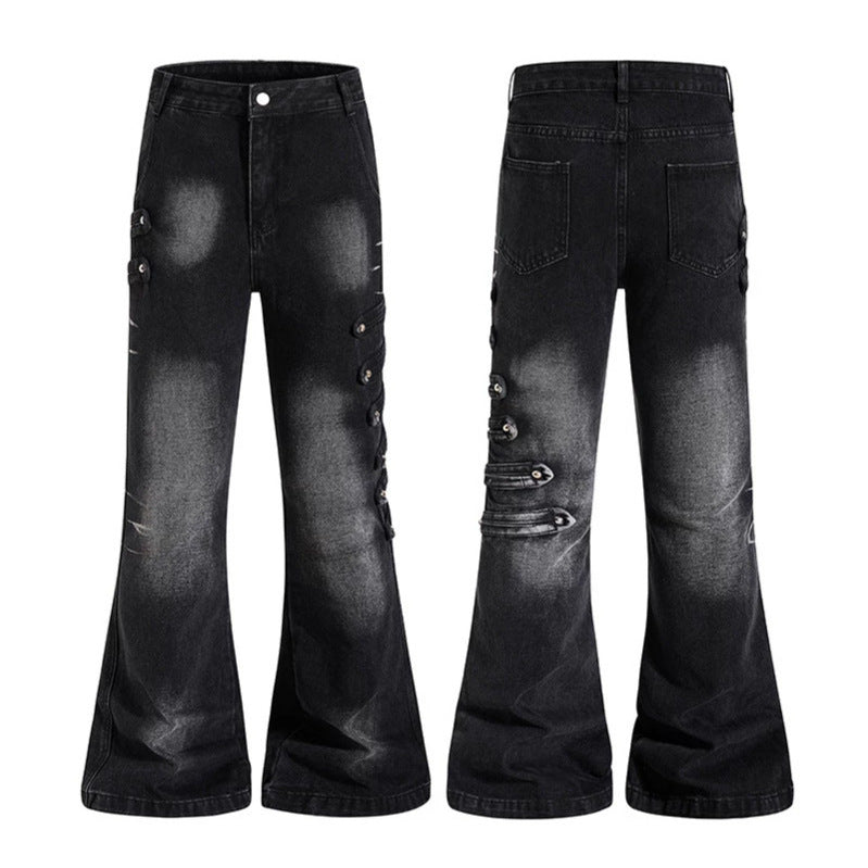 Ladies Wide Jeans Pants with Used Effect and Side Decorative Button Strips Amarae