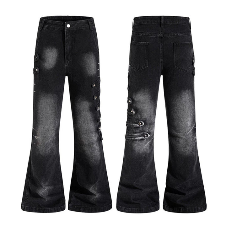 Ladies Wide Jeans Pants with Used Effect and Side Decorative Button Strips Amarae