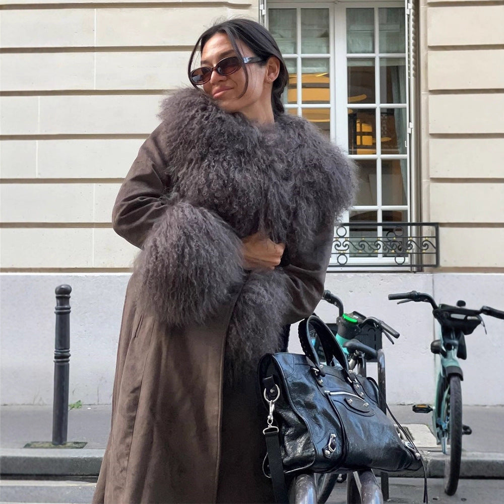 Women's coat made of suede leather look with voluminous faux fur shawl collar, fur cuffs & waist belt Amarae