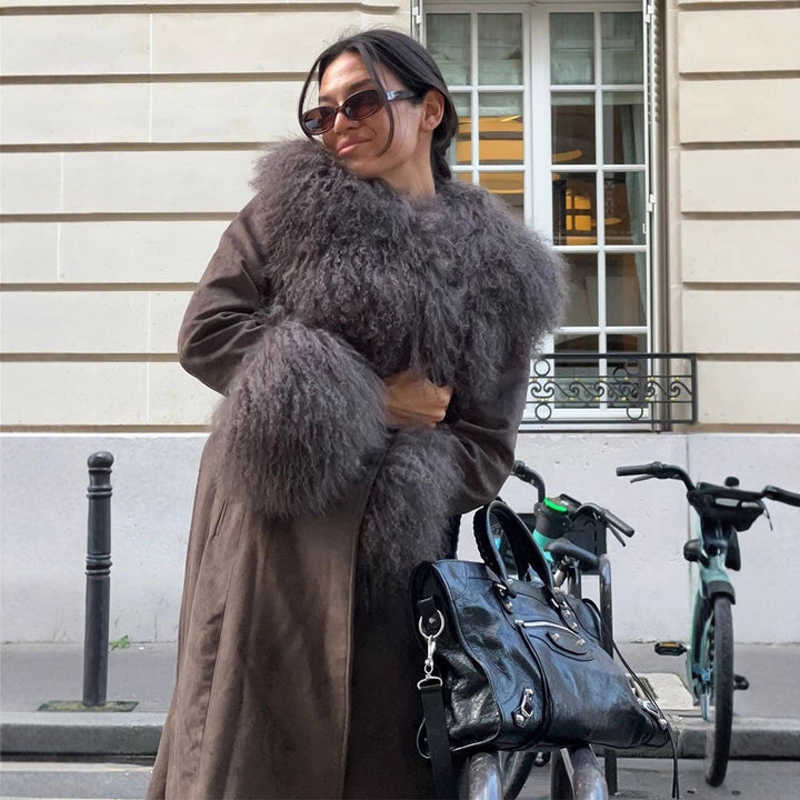 Women's coat made of suede leather look with voluminous faux fur shawl collar, fur cuffs & waist belt Amarae