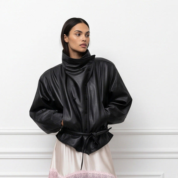Ladies Oversize Faux Leather Bomber Jacket with High Standing Collar and Waist Belt Amarae