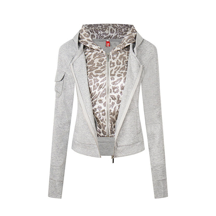 Women's Layered Look Zip Hoodie with Metallic Leopard Lining and Slim Silhouette Amarae