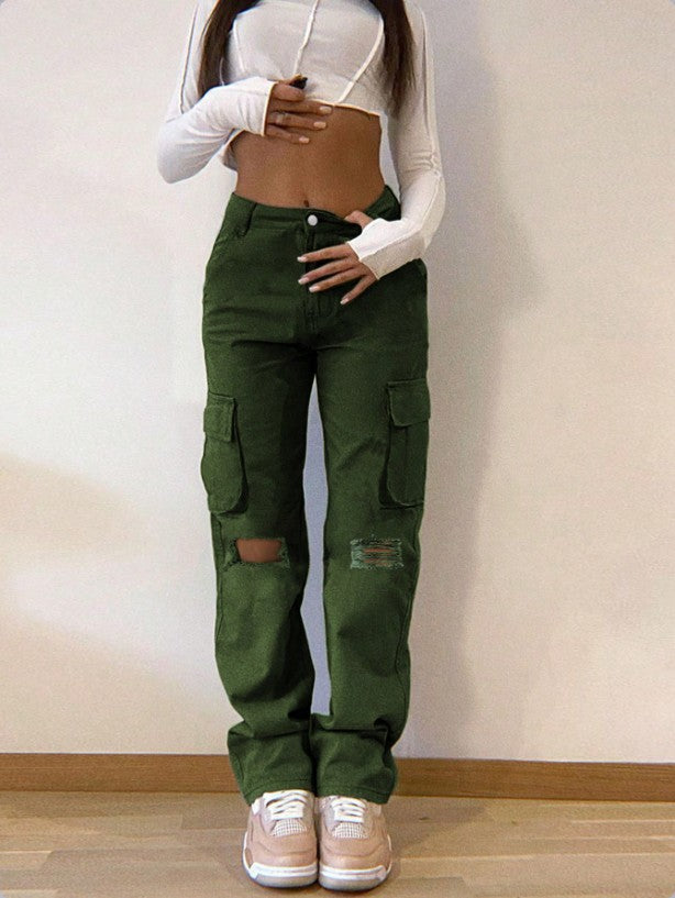 Women's cargo jeans with high waist, straight leg, knee rips, and patch cargo pockets Amarae