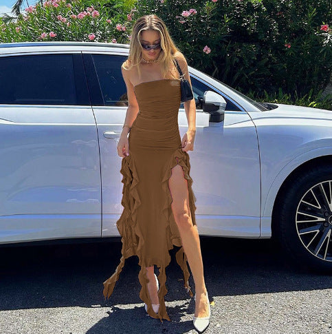 Women Elegant Split Maxi Dress with Chic Ruffles and Style