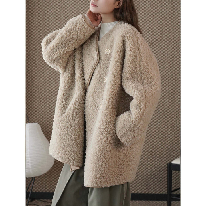 Women Short Jacket Teddy Fleece with Button Front and Contrasting Edge Finish Amarae