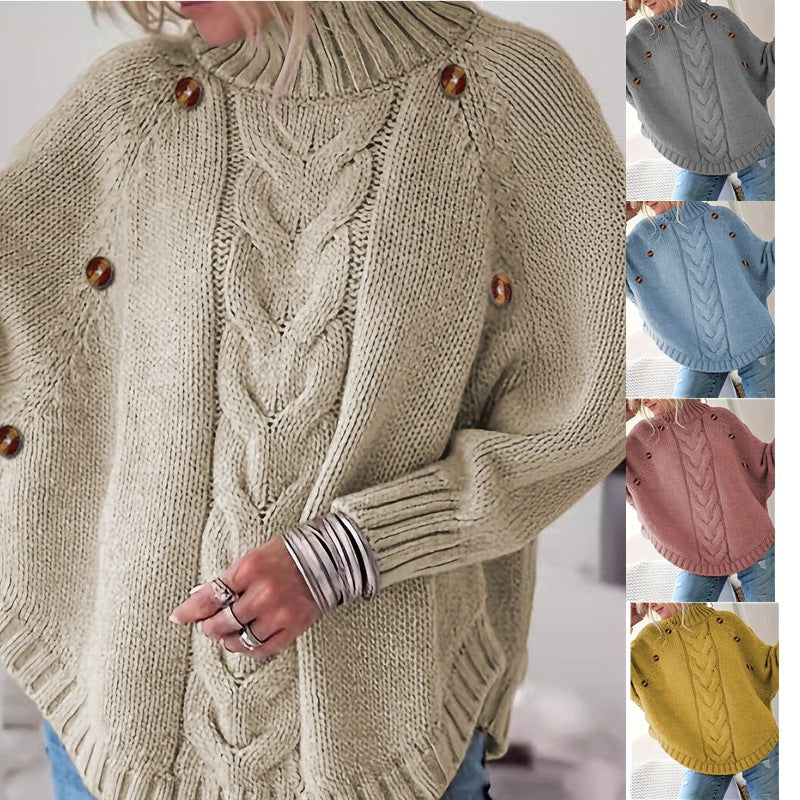 Oversized knitted sweater for women with high collar and decorative button details Lune London