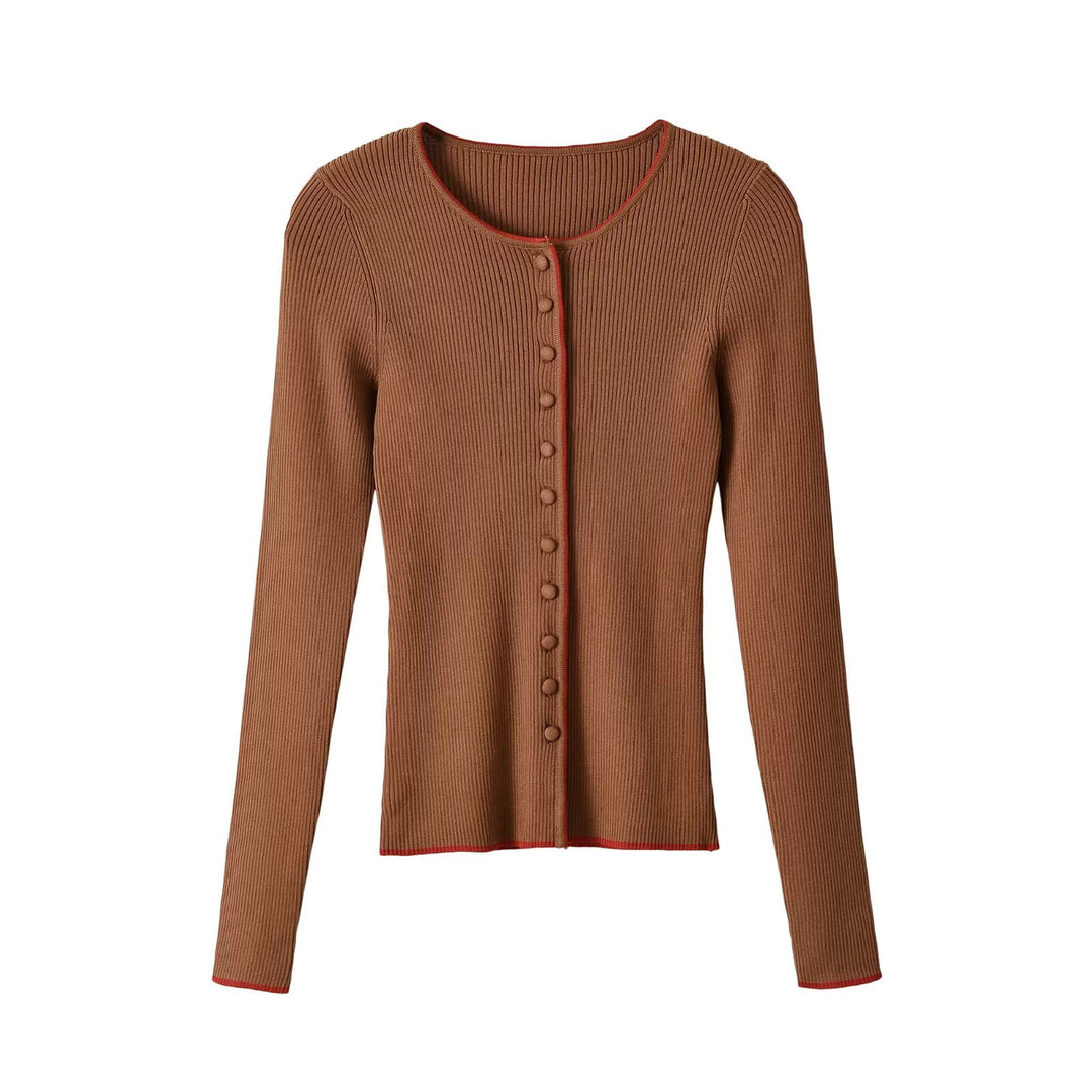 Women's fine ribbed cardigan with concealed button placket and contrast edge Amarae