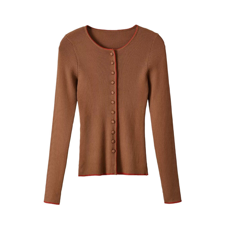 Women's fine ribbed cardigan with concealed button placket and contrast edge Amarae