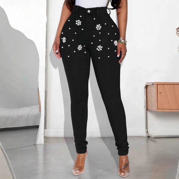 Women's High-Waisted Skinny Jeans with Pearl and Crystal Flower Decoration Amarae