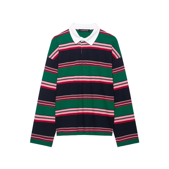 Women Oversize Rugby Polo Shirt with White Kent Collar and Wide Horizontal Stripes Amarae
