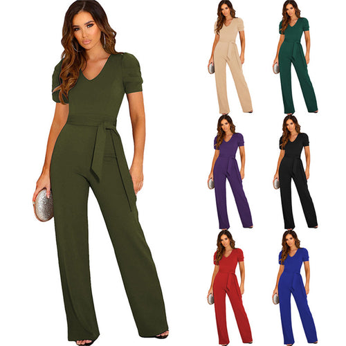 Elegant women's jumpsuit with waist belt and puff sleeves Amarae