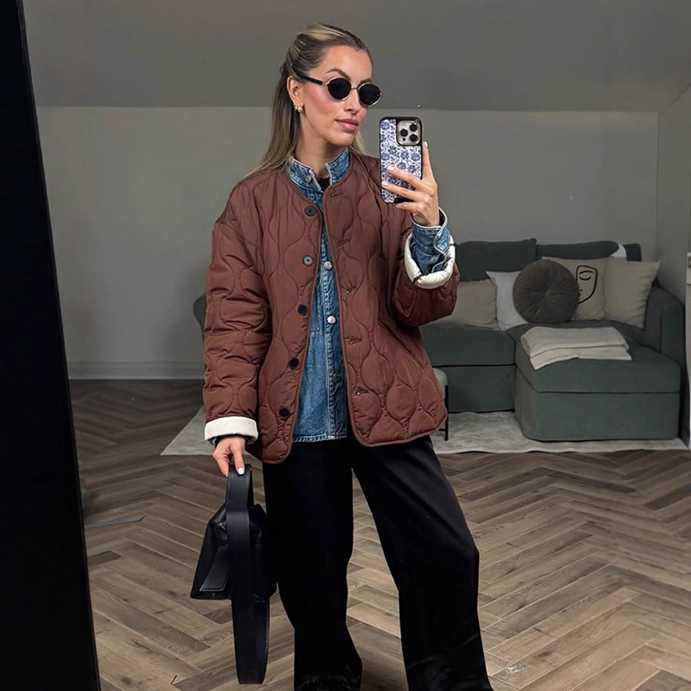 Women's quilted transitional jacket with round quilting, boxy silhouette and press stud placket Amarae