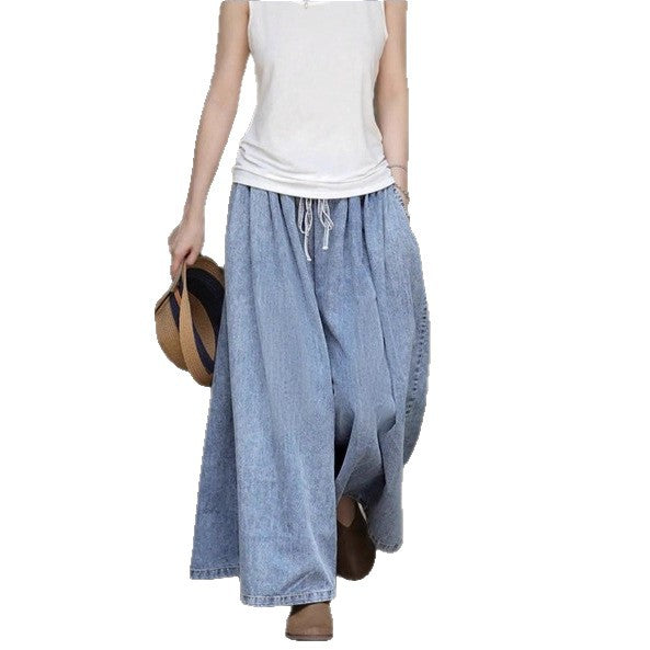 Women's Long Denim Maxi Skirt with Drawstring Waist, Wide A-Line Cut and Side Pockets Amarae