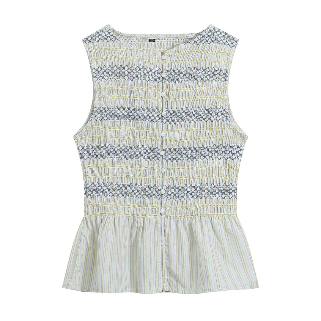 Women's gathered sleeveless top with smocked bodice, button placket, and flared hem Amarae