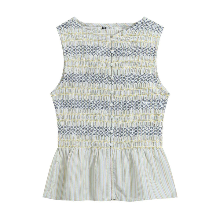 Women's gathered sleeveless top with smocked bodice, button placket, and flared hem Amarae