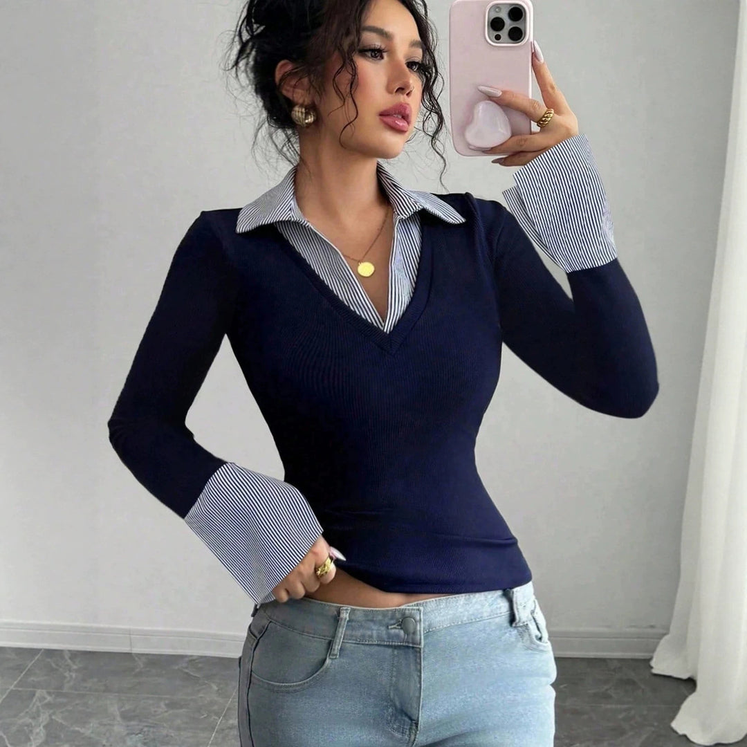 Ladies fine knit sweater with integrated shirt collar and striped cuffs Amarae