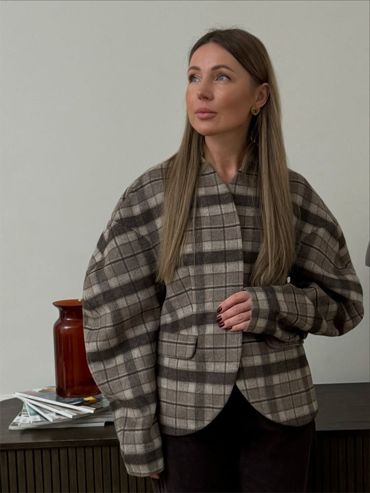Women's Checked Boxy Blazer with Voluminous Balloon Sleeves Amarae