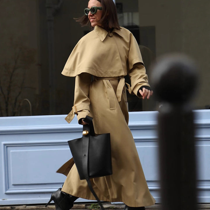 Ladies Long Trench Coat with Capelet, Waist Belt and Raglan Sleeves Amarae