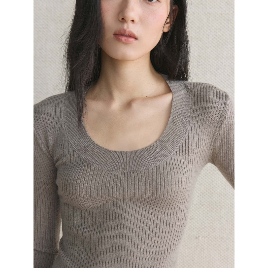 Women Slim-Fit Ribbed Long Sleeve with Wide U-Neck