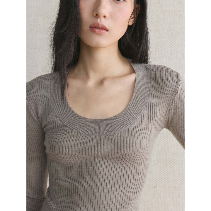 Women Slim-Fit Ribbed Long Sleeve with Wide U-Neck