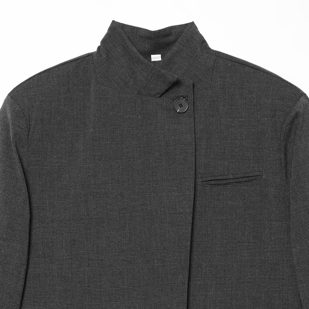 Women Checked Long Blazer with Stand Collar, Concealed Button Placket and Flap Pockets Amarae