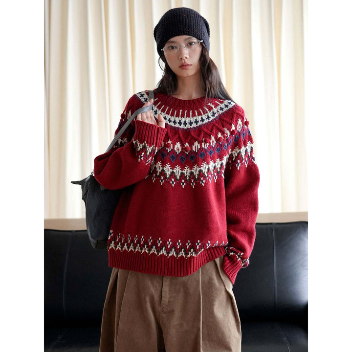 Women's Fair-Isle Knit Sweater with Norwegian Pattern and Oversized Cut Amarae