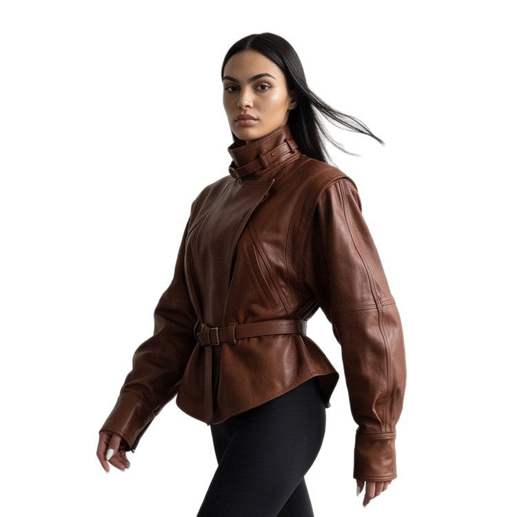 Women's tailored faux leather jacket with standing collar, neck strap, and figure-shaping waist belt Amarae