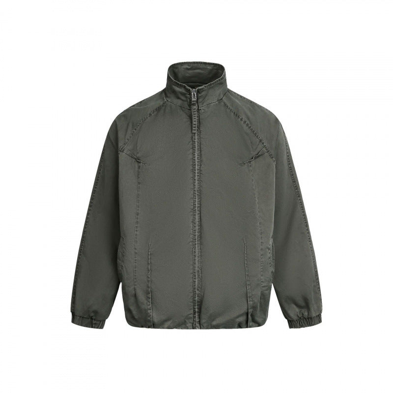 Men's Minimalist Nylon Bomber Jacket with Stand Collar, Raglan Sleeves and Gathered Hem Amarae
