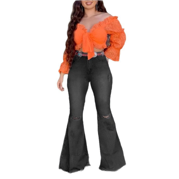 Women's High-Waisted Flared Jeans with Flared Leg, Knee Rips, and Figure-Enhancing Stretch Waistband Amarae