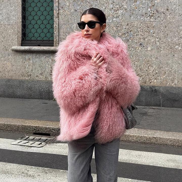 Women Short Cut Shaggy Faux Fur Coat with voluminous Shawl Collar and Oversized Silhouette Amarae