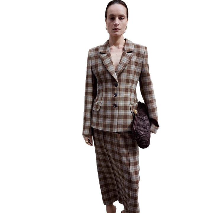 Women's Checkered Blazer and Mini Skirt Set with Tailored Silhouette and Peplum Amarae