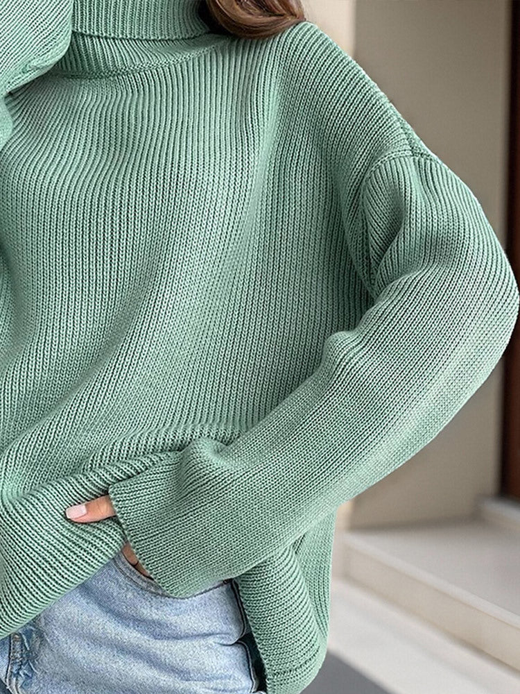 Women Oversized Ribbed Knit Turtleneck Sweater with Extended Cuff Amarae