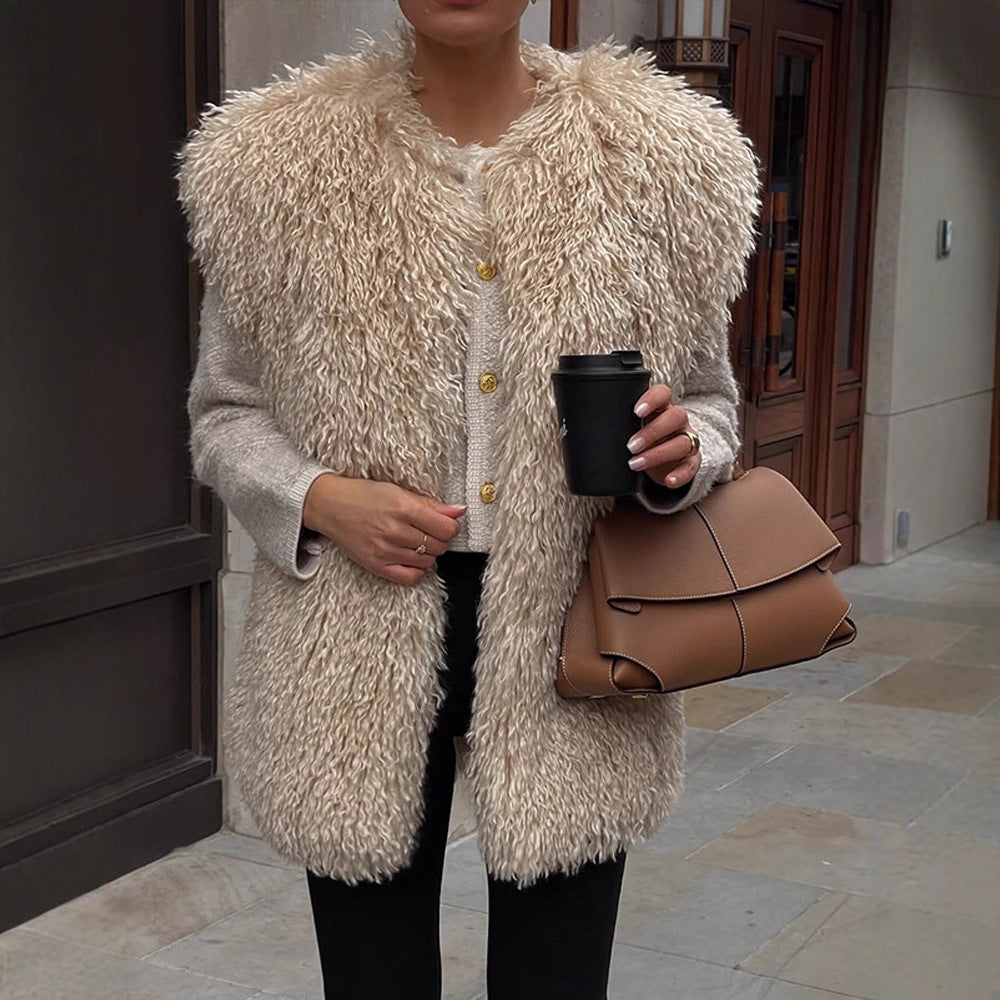 Women's Longer Cozy Faux Fur Vest with Shaggy Look and Front Pockets Amarae