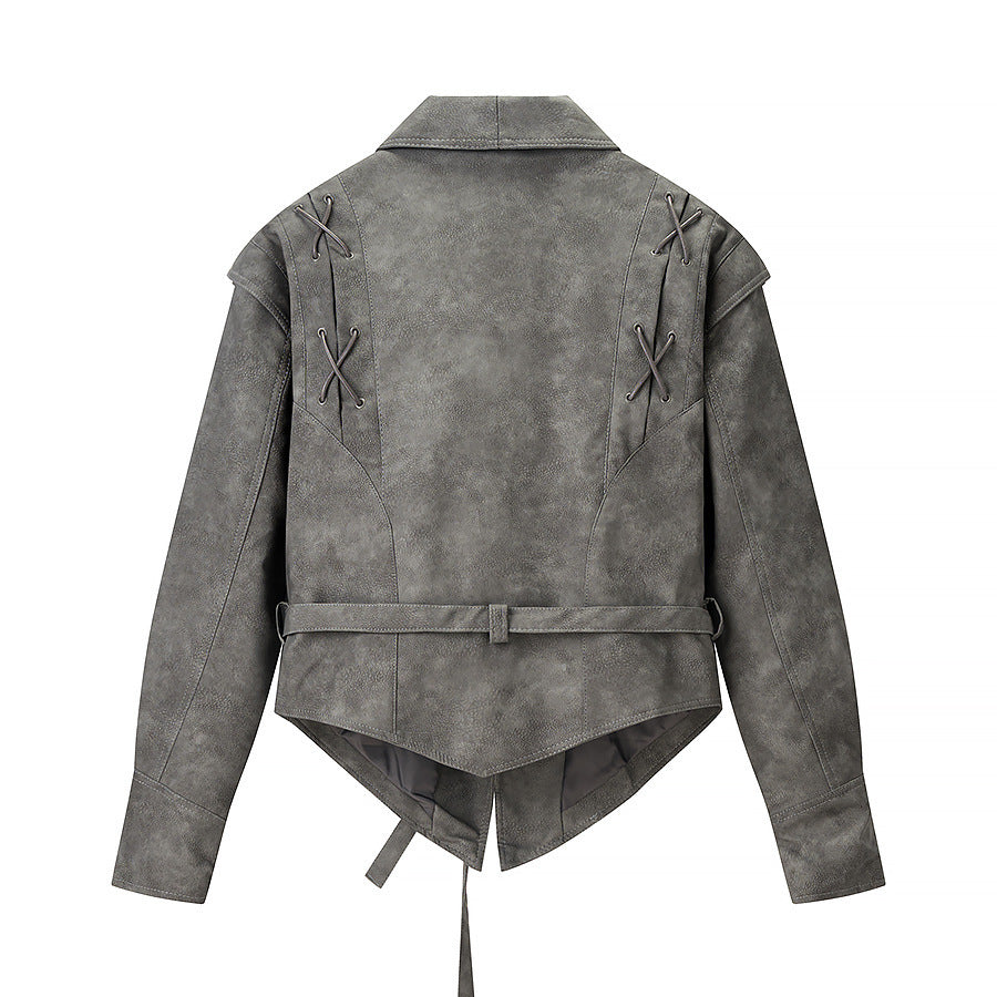 Women's Tailored Suede Blazer with Tie Belt and Lacing Detail Amarae