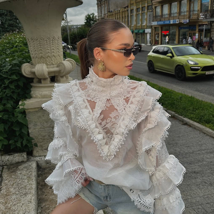 Women's Transparent Lace Blouse with Ruffle Sleeves and High Stand Collar Amarae