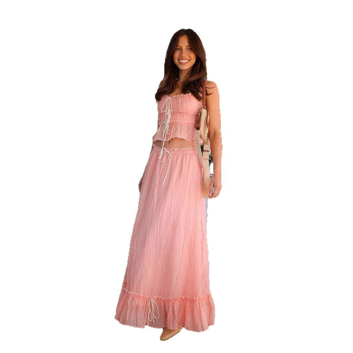 Ladies' maxi dress with playful ruffled hem and practical tie bands Lune London
