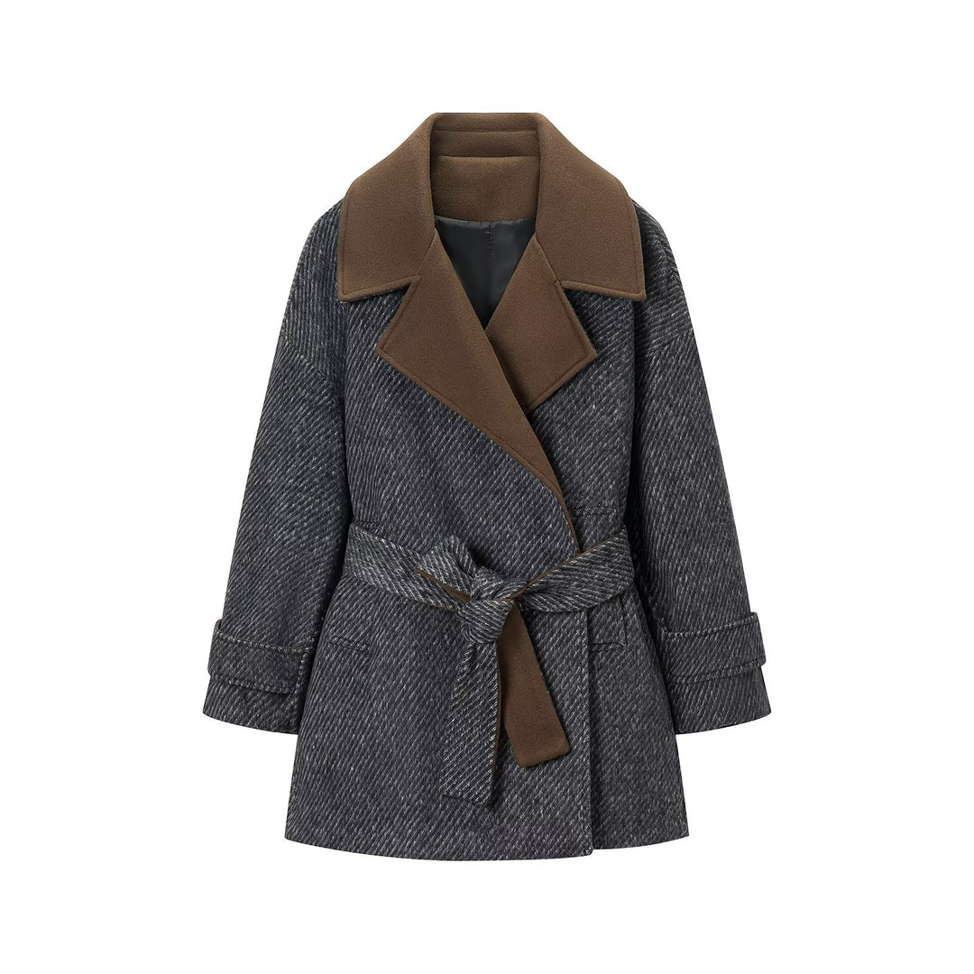 Women's wool blend coat with tie belt and large contrast collar Amarae