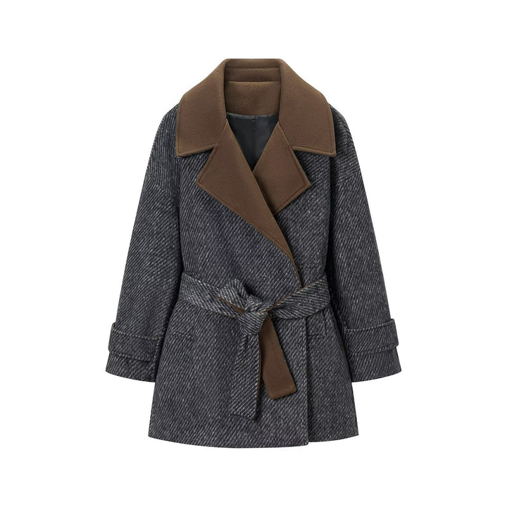 Women's wool blend coat with tie belt and large contrast collar Amarae
