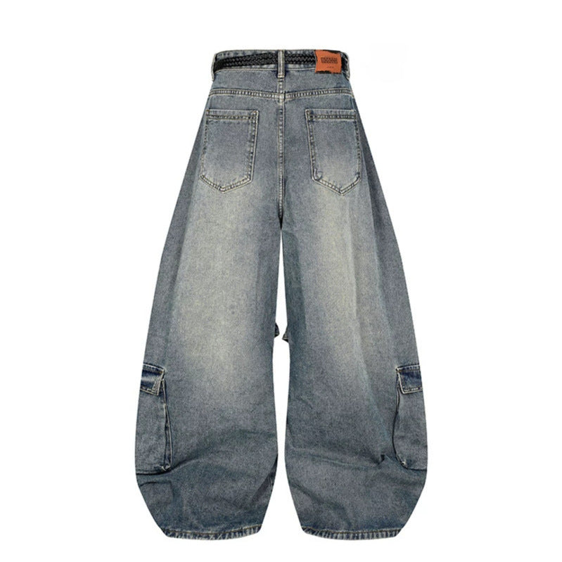 Women's wide denim cargo pants in balloon cut with large patch pockets and braided belt Amarae