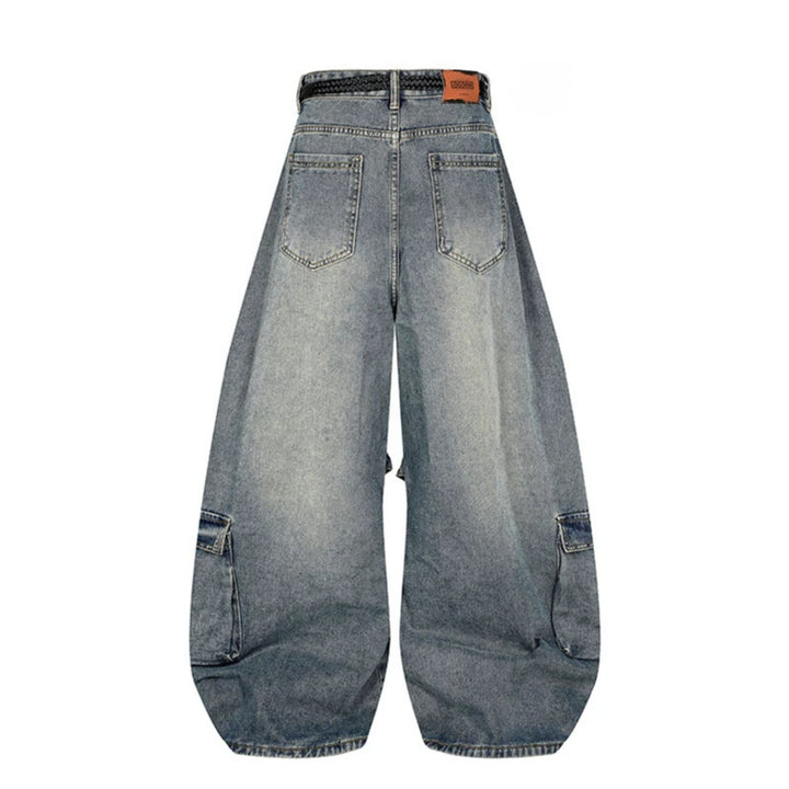 Women's wide denim cargo pants in balloon cut with large patch pockets and braided belt Amarae