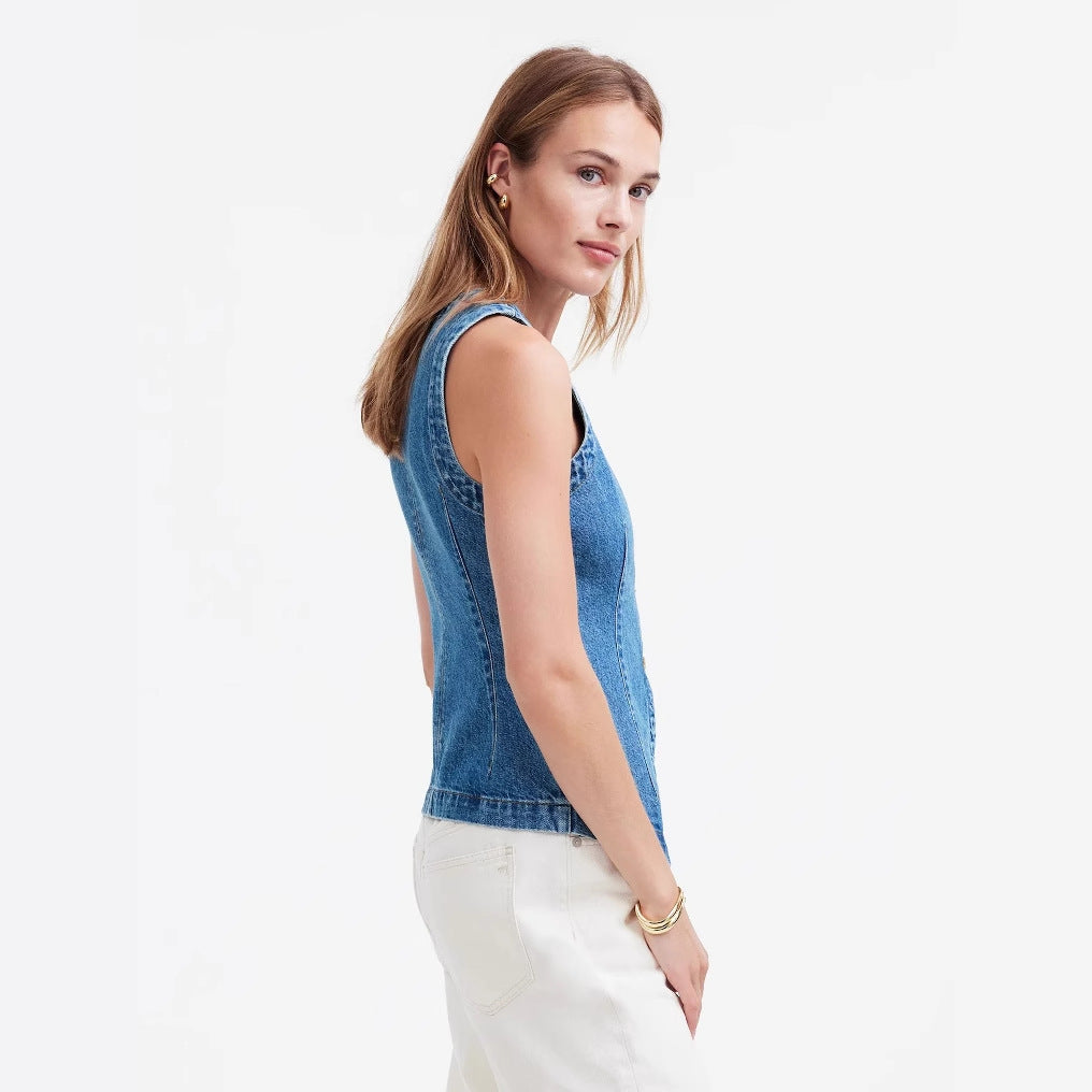 Women's jeans vest with asymmetrical cut and decorative buttons Lune London