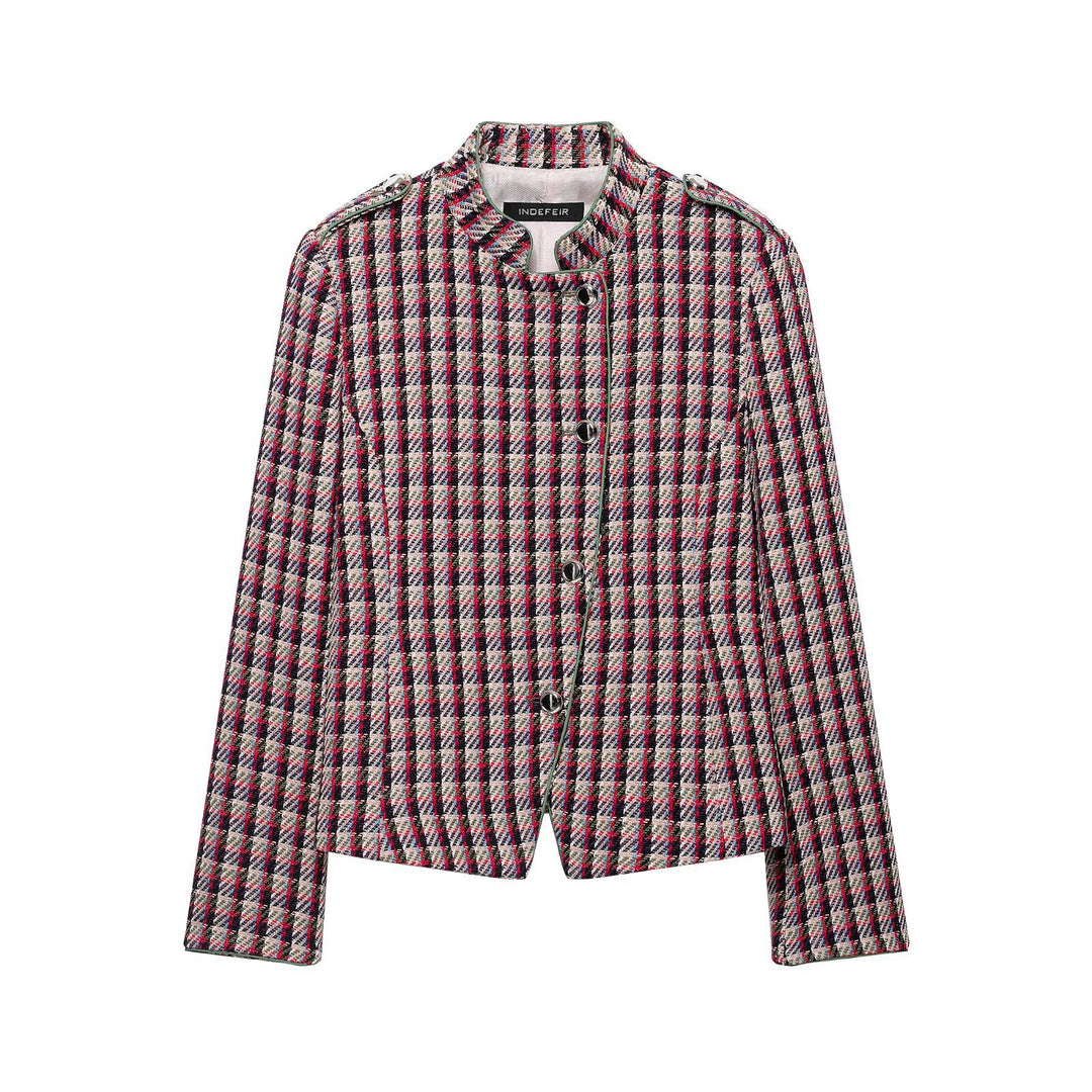 Women Short Blazer Jacket in Boucle Tweed with Stand Collar and Shoulder Pads Amarae