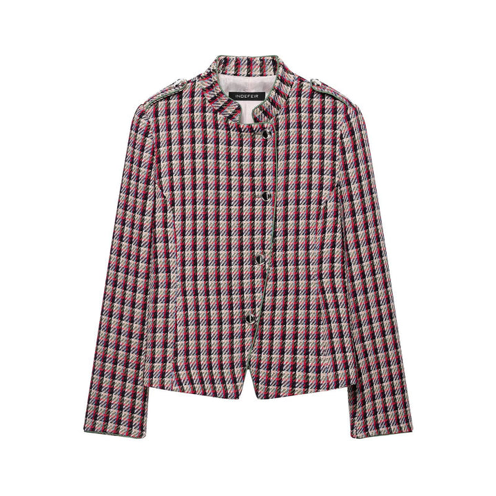 Women Short Blazer Jacket in Boucle Tweed with Stand Collar and Shoulder Pads Amarae