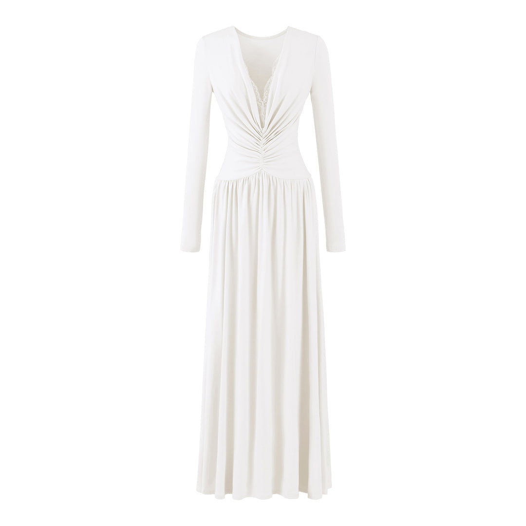 Women Maxi Dress with Ruched Wrap Top, Deep V-Neck and Lace Trim Amarae