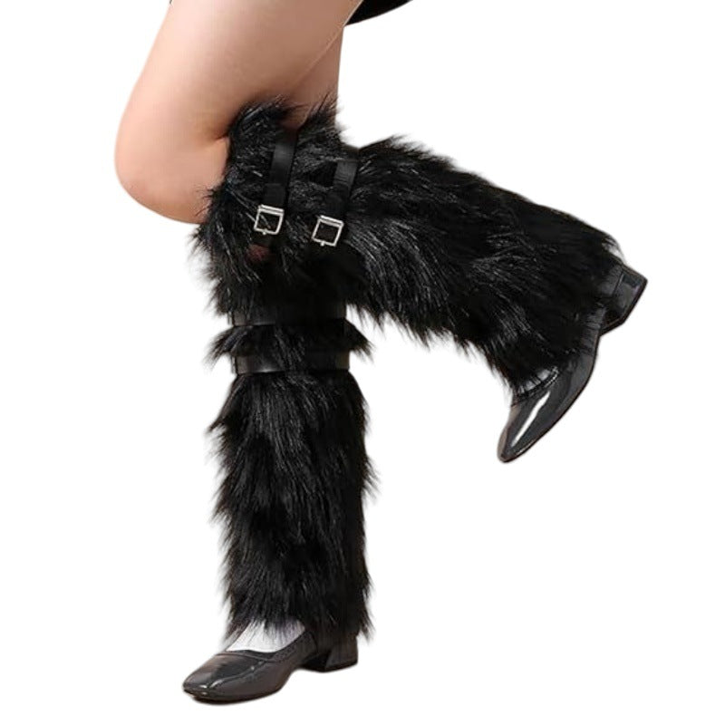Women's Long Faux Fur Leg Warmers with Adjustable Buckles and Platform Cuffs Amarae